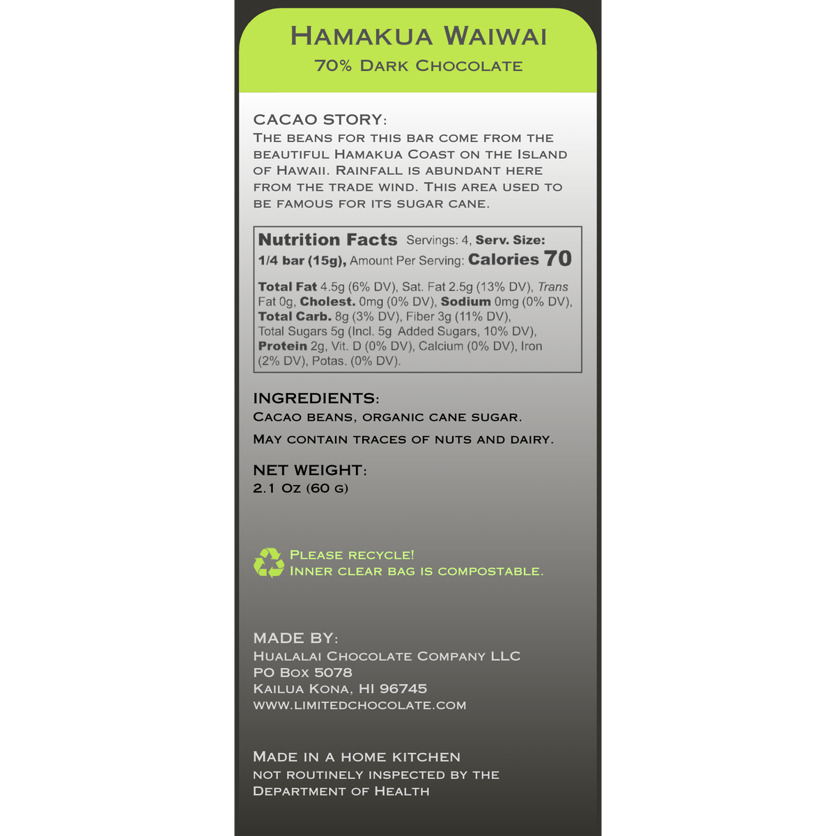 Hawaii Hamakua Wai Wai - 70% Dark Chocolate