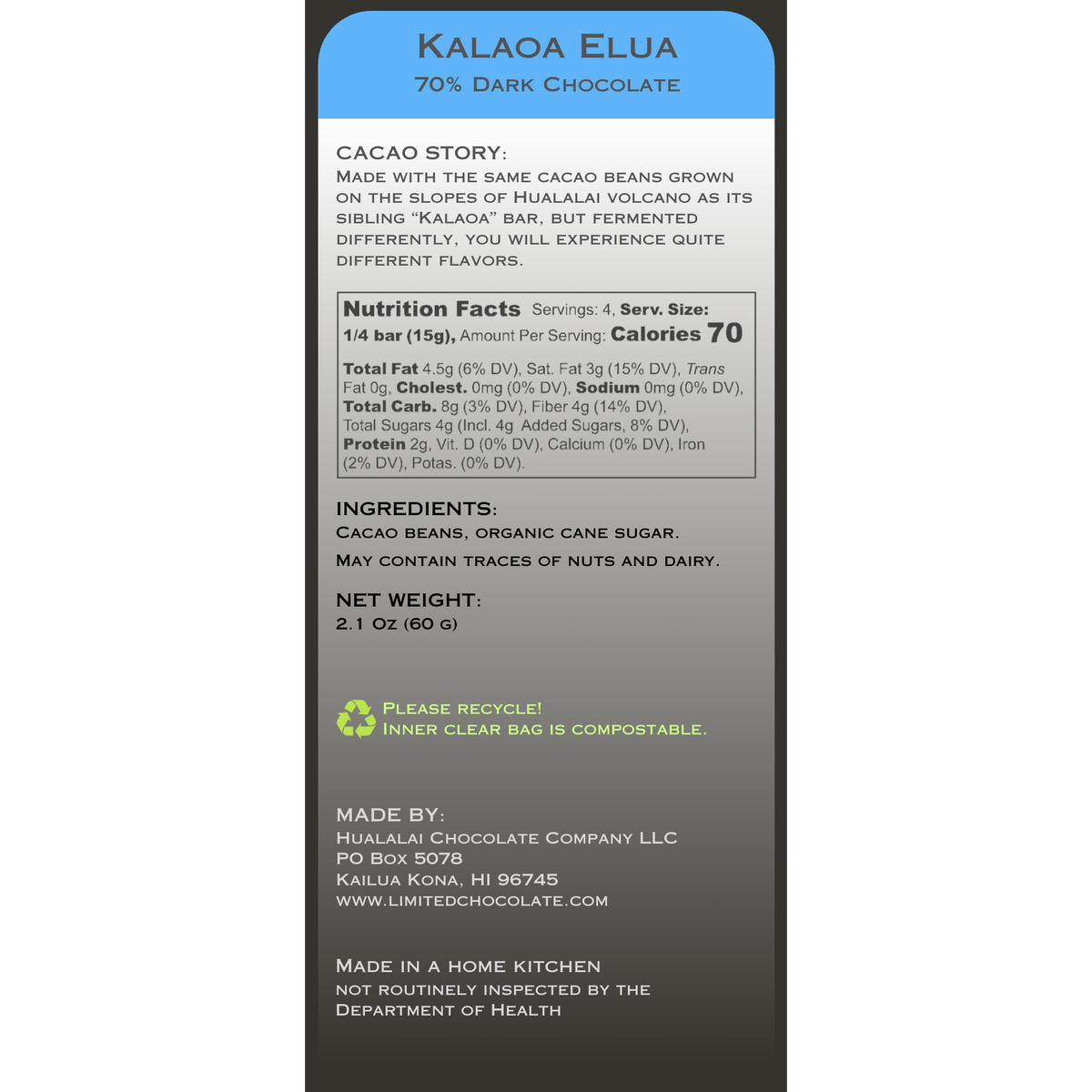 Hawaii Kalaoa Elua - 70% Dark Chocolate