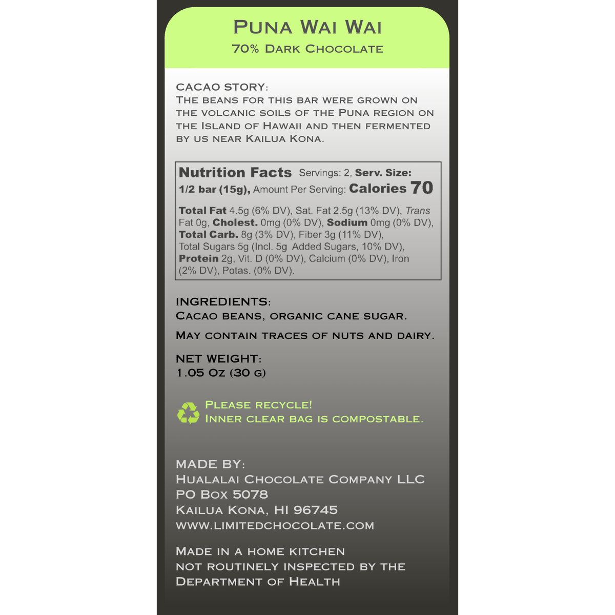 Hawaii Puna Wai Wai - 70% Dark Chocolate